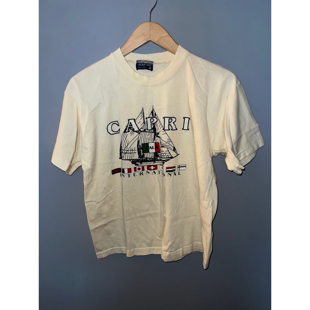 Vintage Albatros Capri Italy Sailing Ship Graphic T-Shirt Cream Mens Medium